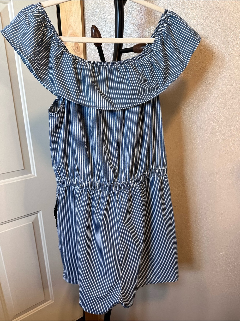 mark. Blue Striped Ruffle-Neck Romper - Picture 7 of 7